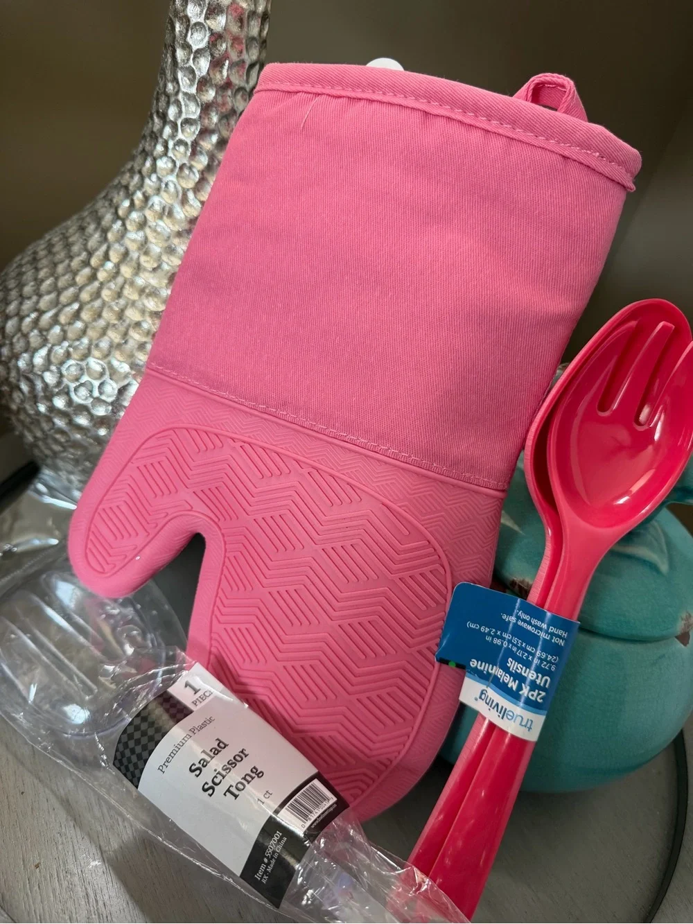 Pink Silicone Oven Mitt, Serving Spoon Set, and Salad Tongs - 3 Piece Bundle.